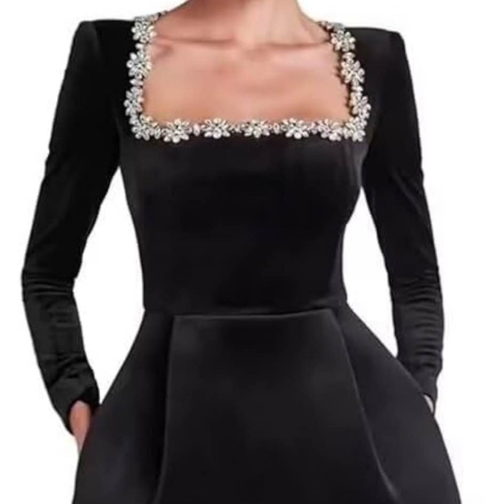 Elegant Black Long-Sleeve Square Neck Dress with Embellished Trim